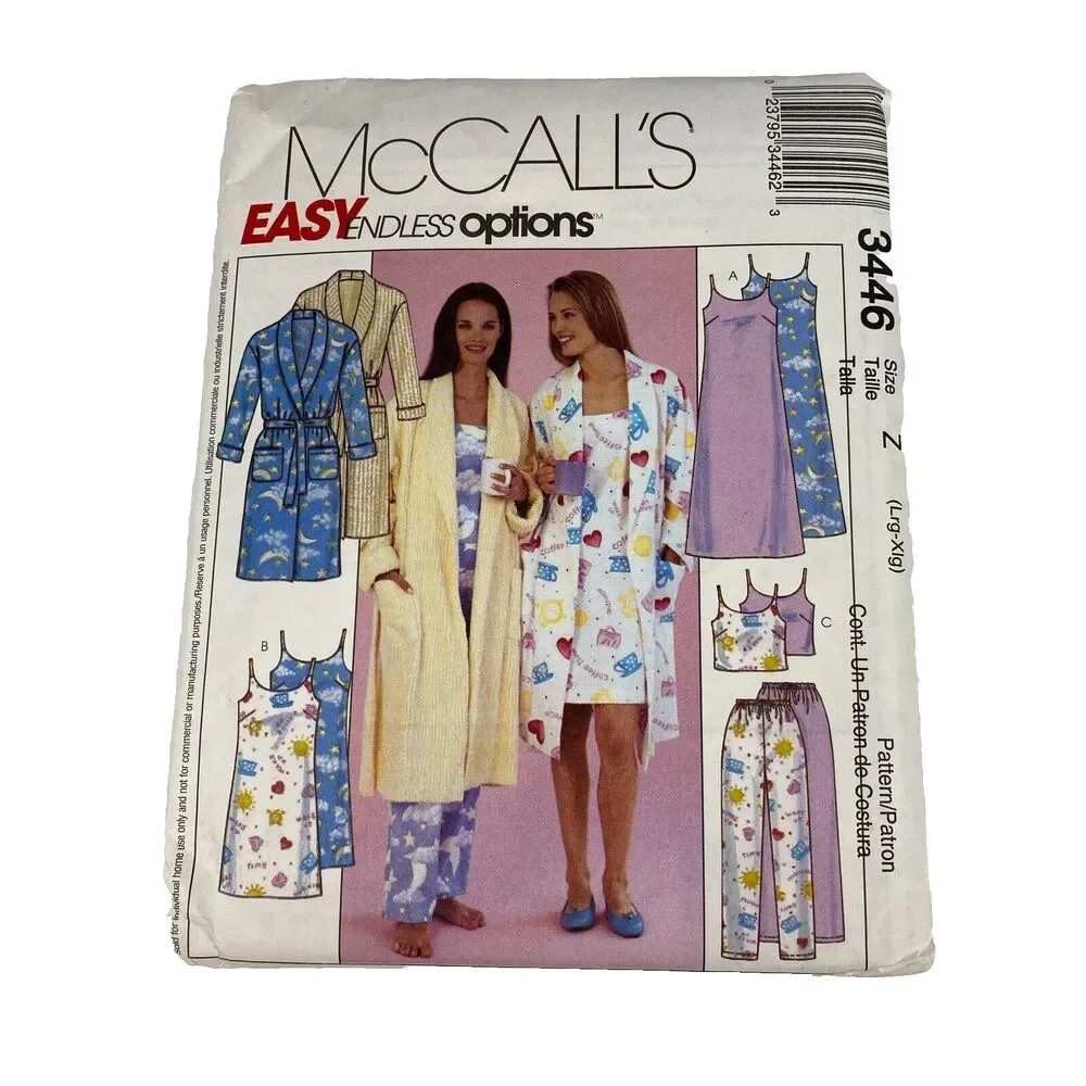 VTG Y2K McCalls 3446 SEWING Pattern Misses Loose Fitting Sleepwear Pajamas Robe